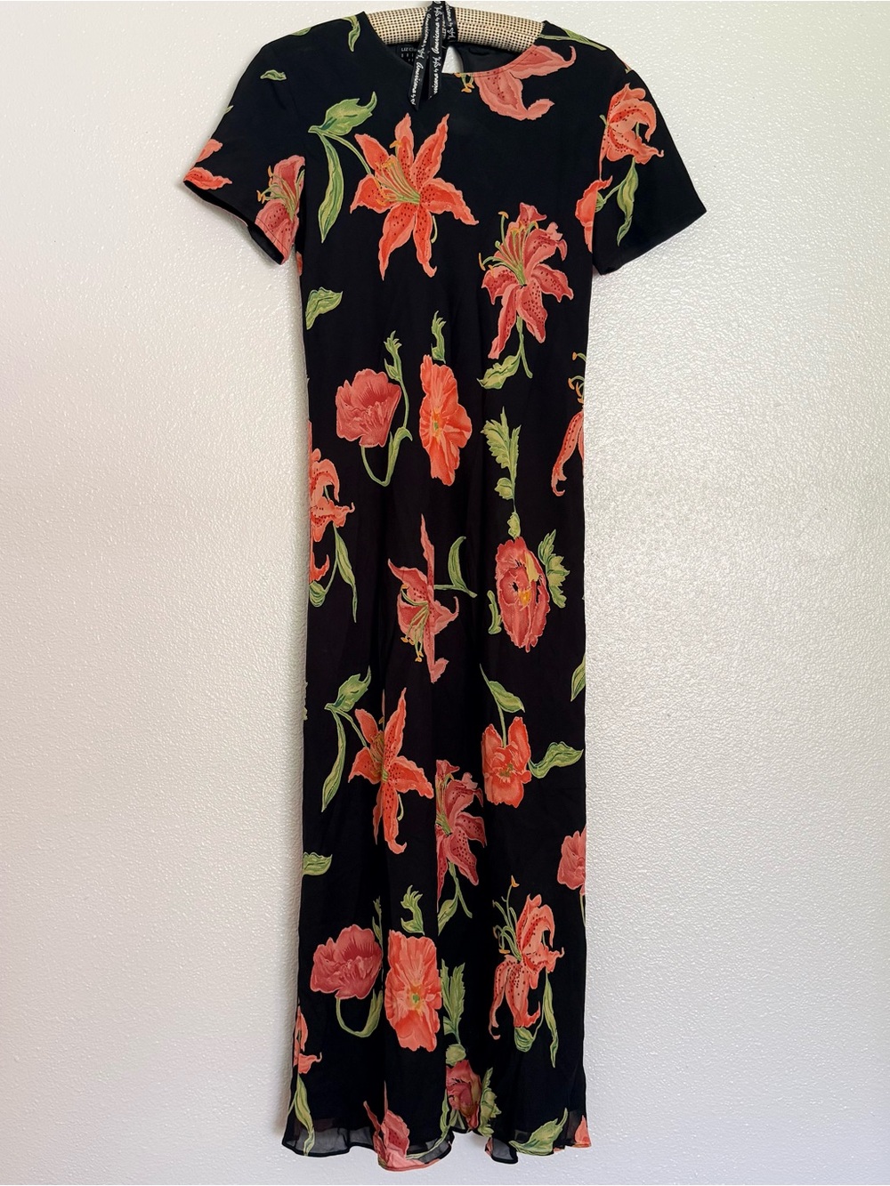 Vintage 90s Liz Claiborne Black Floral Lily Midi Dress Petite Small - Artsy
